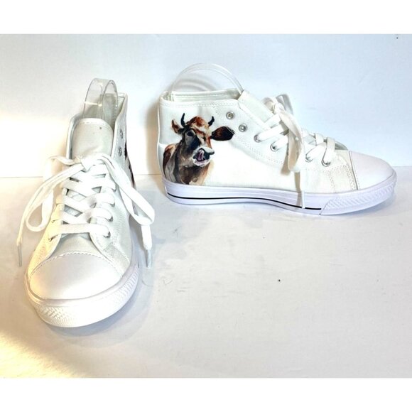 Cow Lovers High Top Sneakers Womens White Canvas With Cow Print Size 7 - Picture 2 of 11